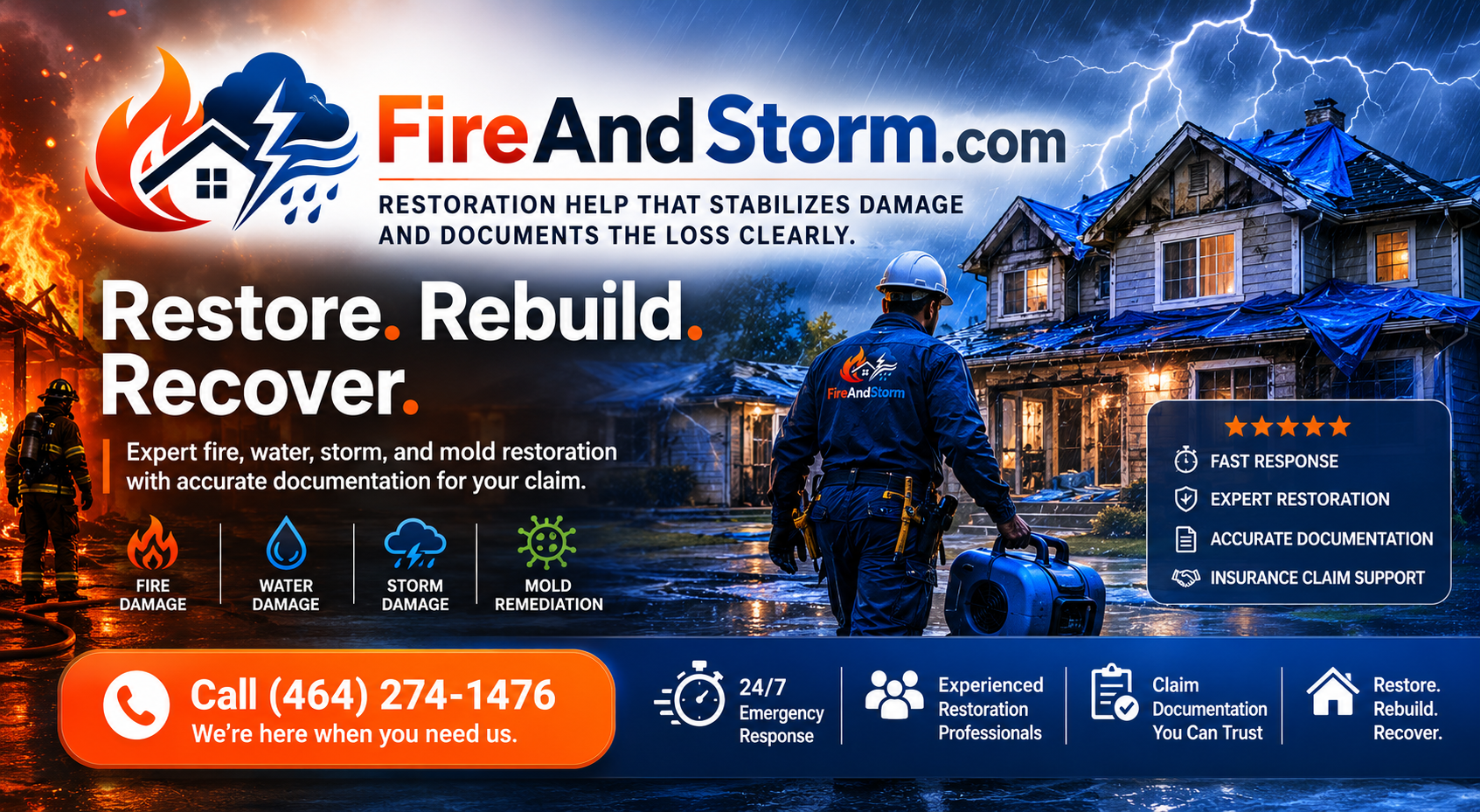 FireAndStorm.com restoration help that stabilizes damage and documents the loss clearly.